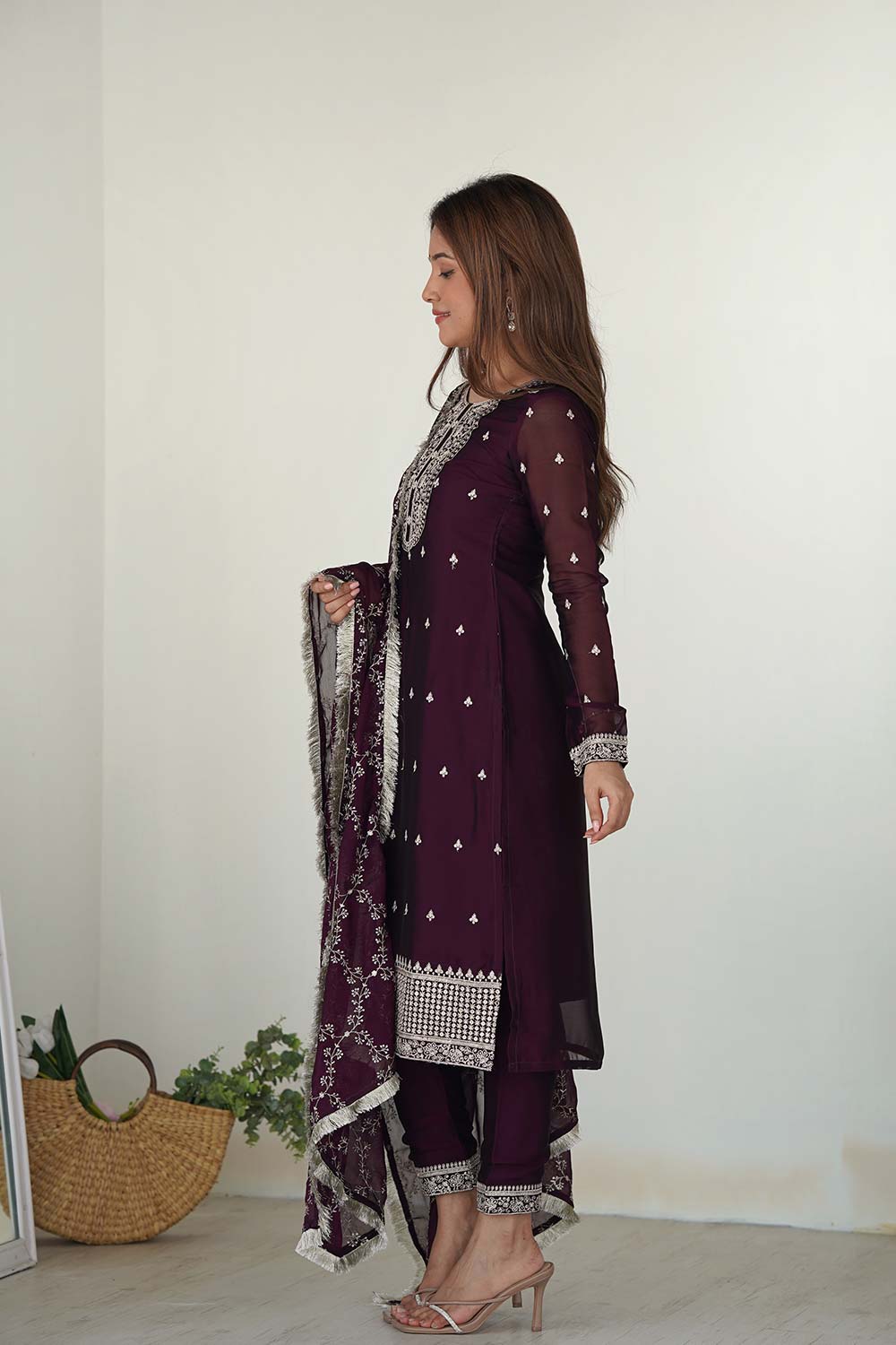 Red Embroidered Georgette Kurta with Pant