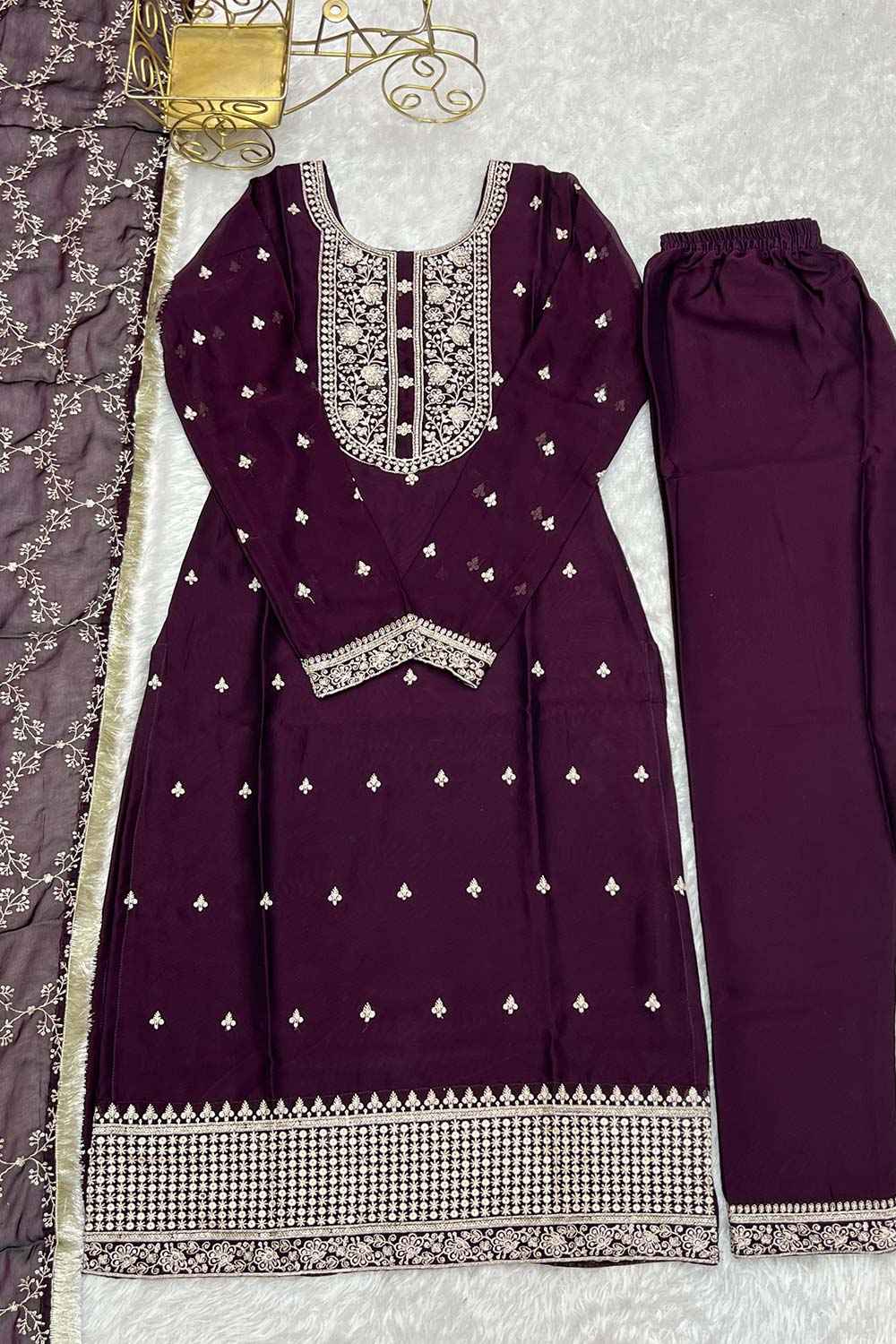 Red Embroidered Georgette Kurta with Pant