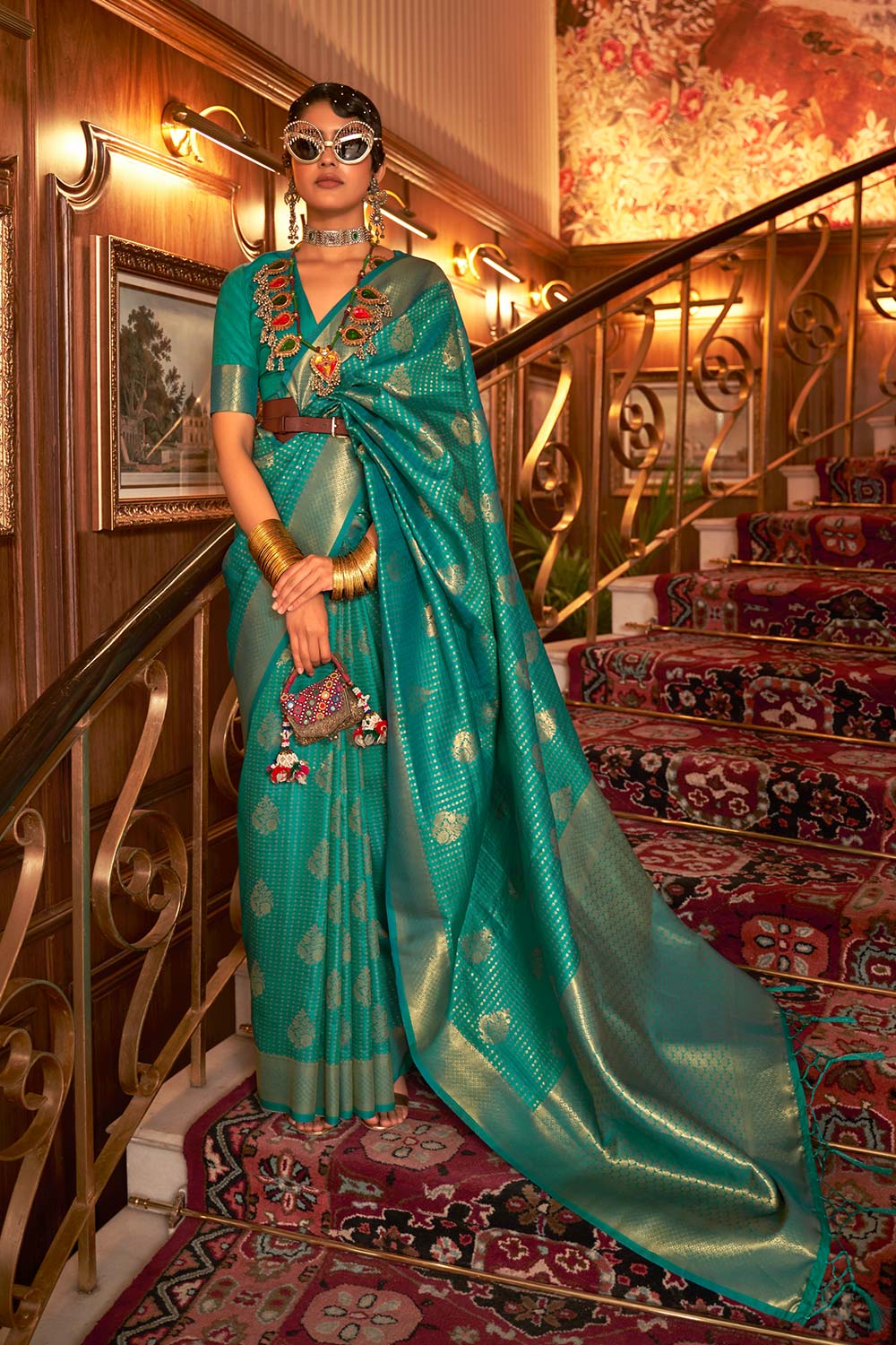 Kurina Turquoise Nylon Woven Saree