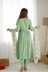 Green Floral Print Embroidered Silk Kurta with Pant