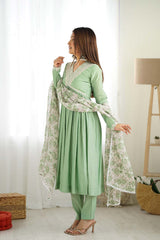 Green Floral Print Embroidered Silk Kurta with Pant