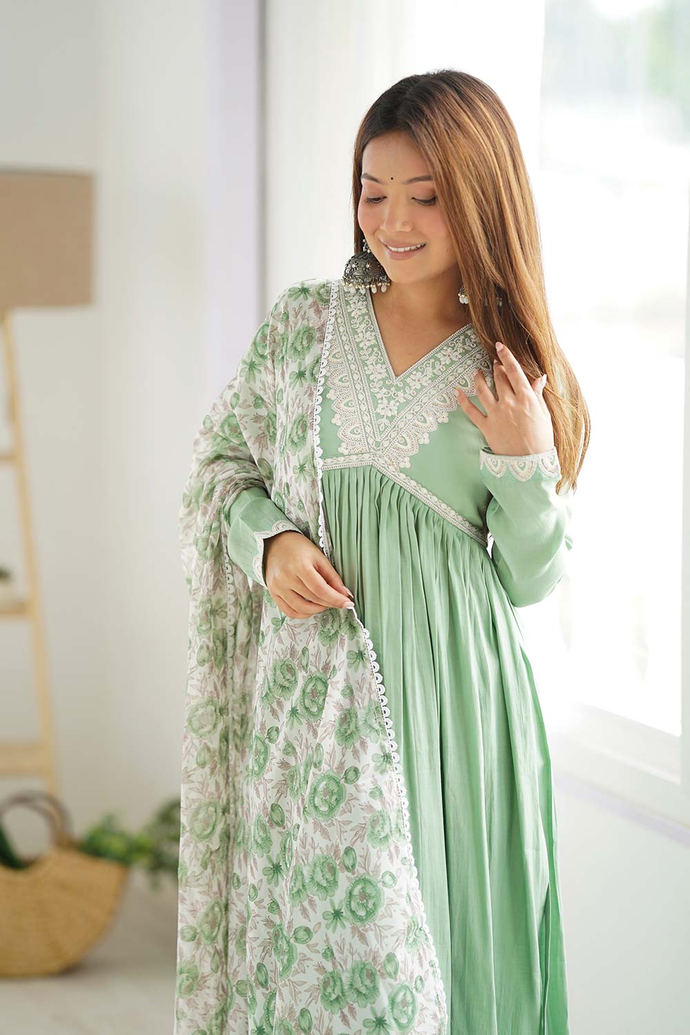 Green Floral Print Embroidered Silk Kurta with Pant