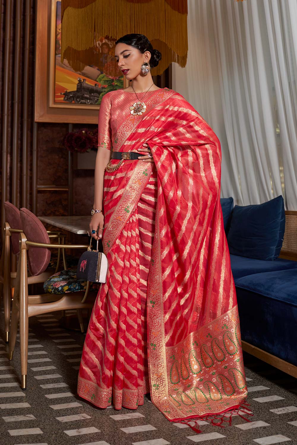 Kahana Red Organza Woven Saree