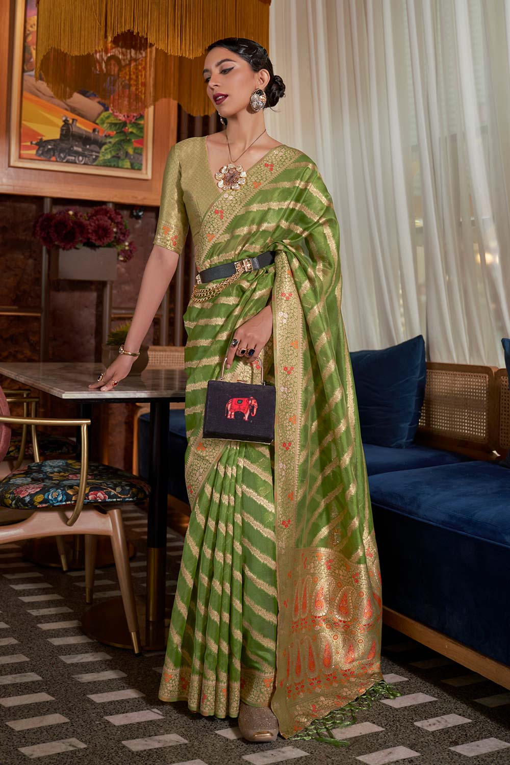 Kahana Green Organza Woven Saree