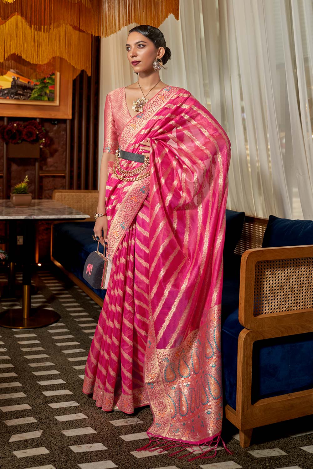 Kahana Pink Organza Woven Saree