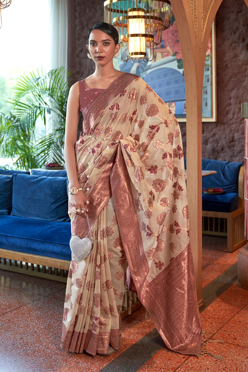 Kadvika Beige Organza Woven Saree