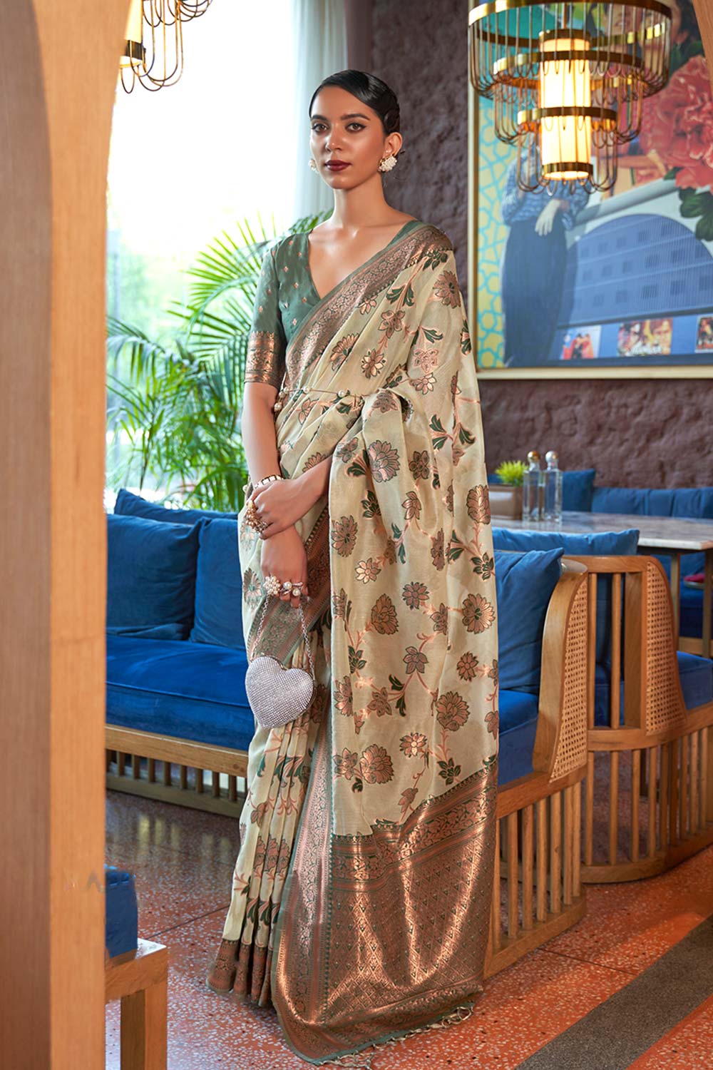 Kadvika Beige Organza Woven Saree