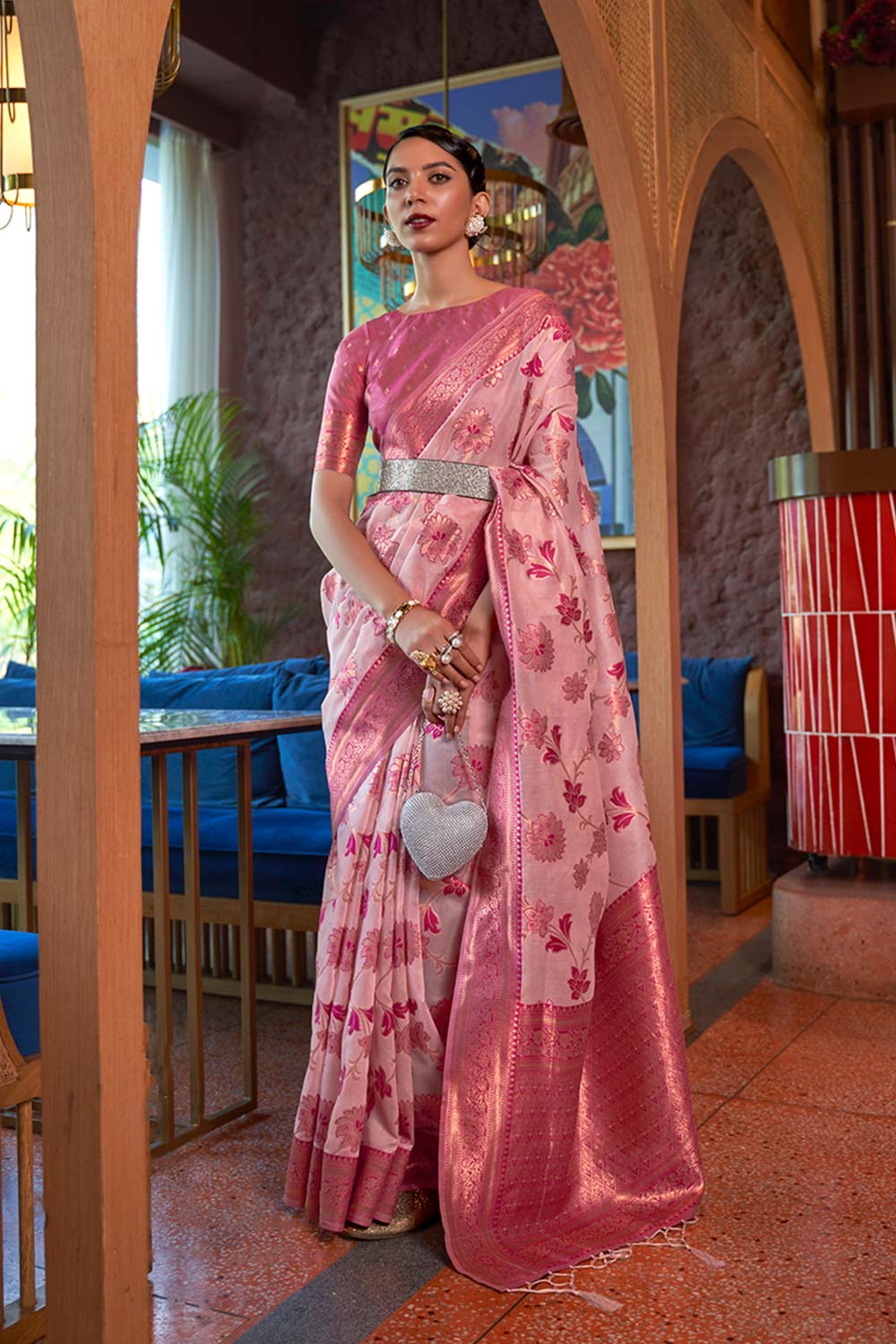 Kadvika Pink Organza Woven Saree