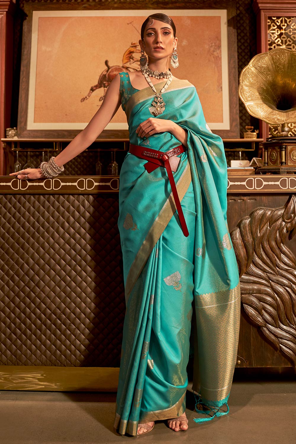 Kushita Blue Silk Woven Saree