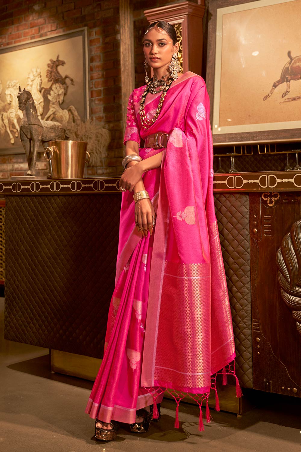 Kushita Pink Silk Woven Saree