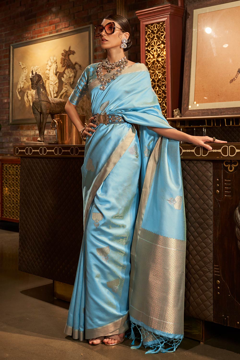 Kushita Blue Silk Woven Saree