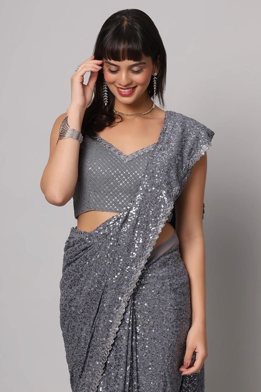 Jessie Grey Faux Georgette Sequins Ready To Wear Saree