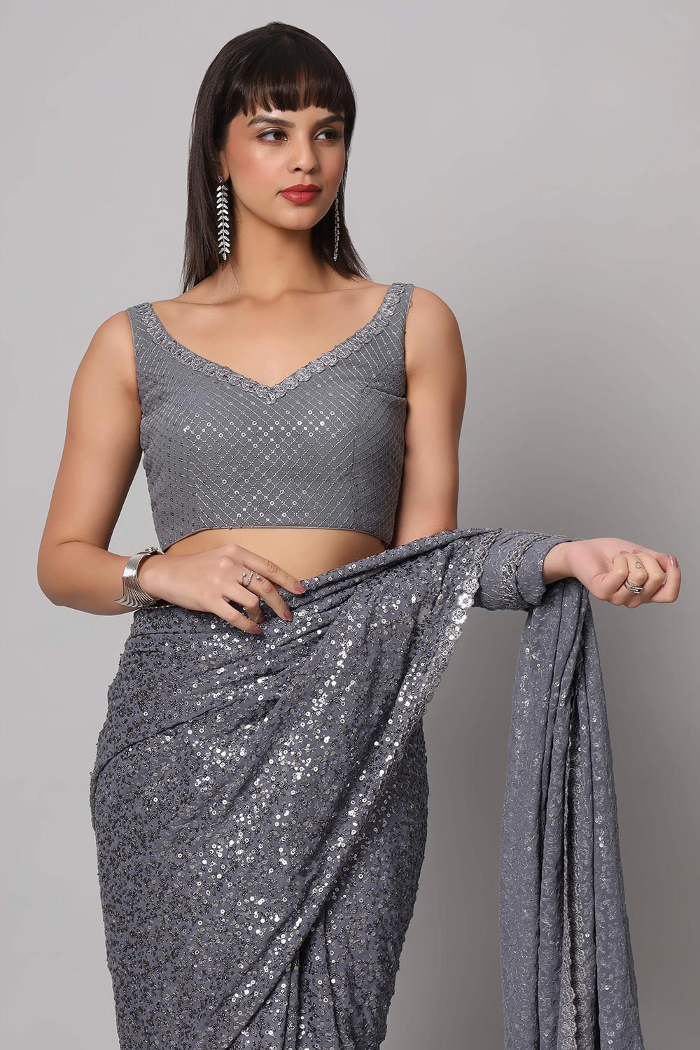 Jessie Grey Faux Georgette Sequins Ready To Wear Saree