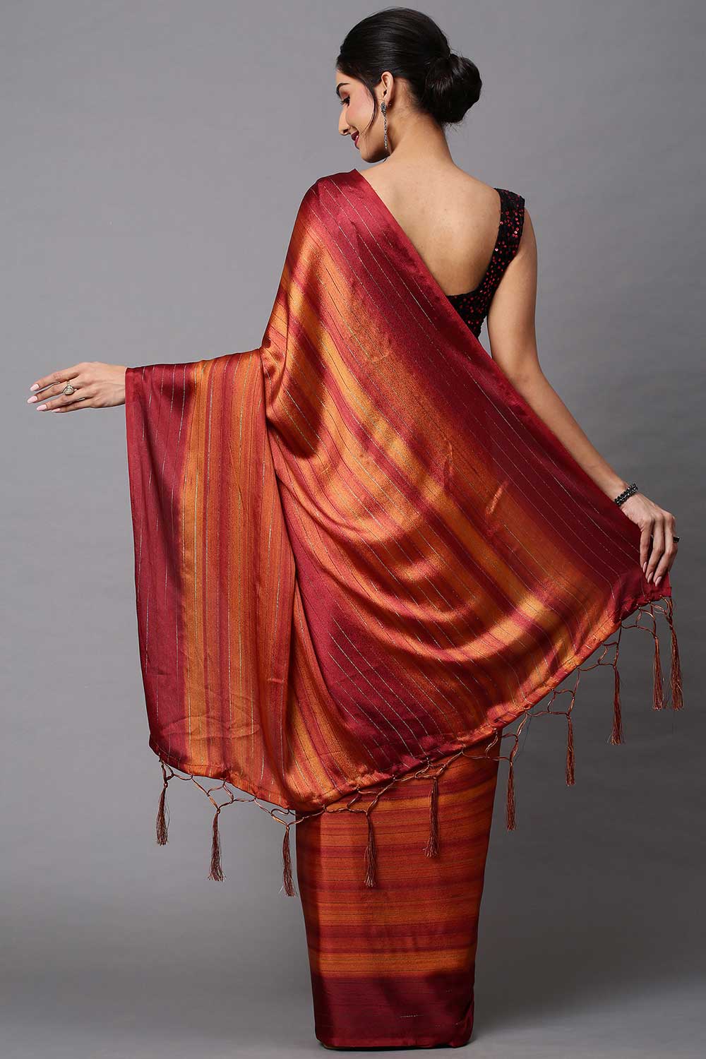 Lori Rust Striped Poly Georgette Ready To Wear Saree