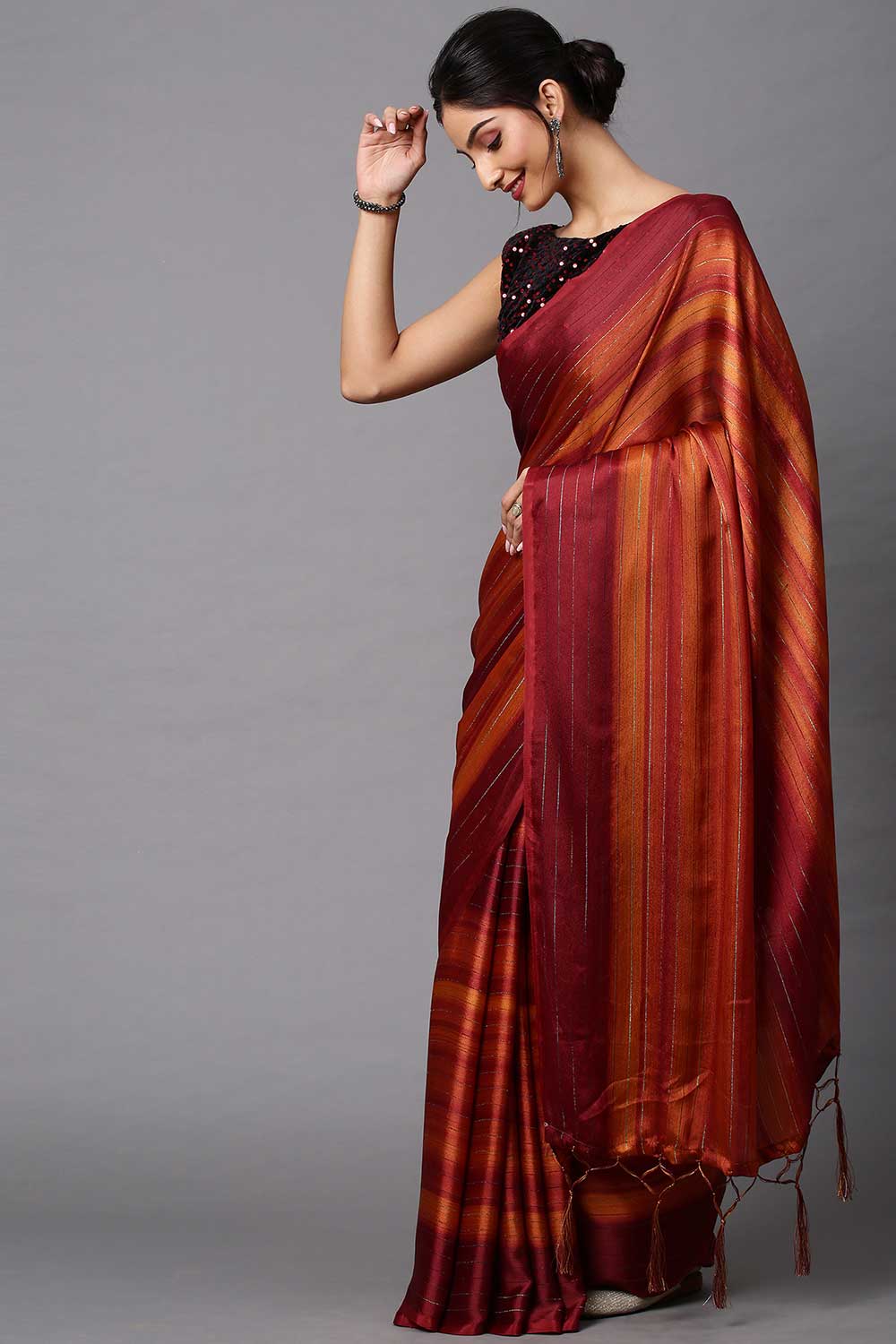 Lori Rust Striped Poly Georgette Ready To Wear Saree