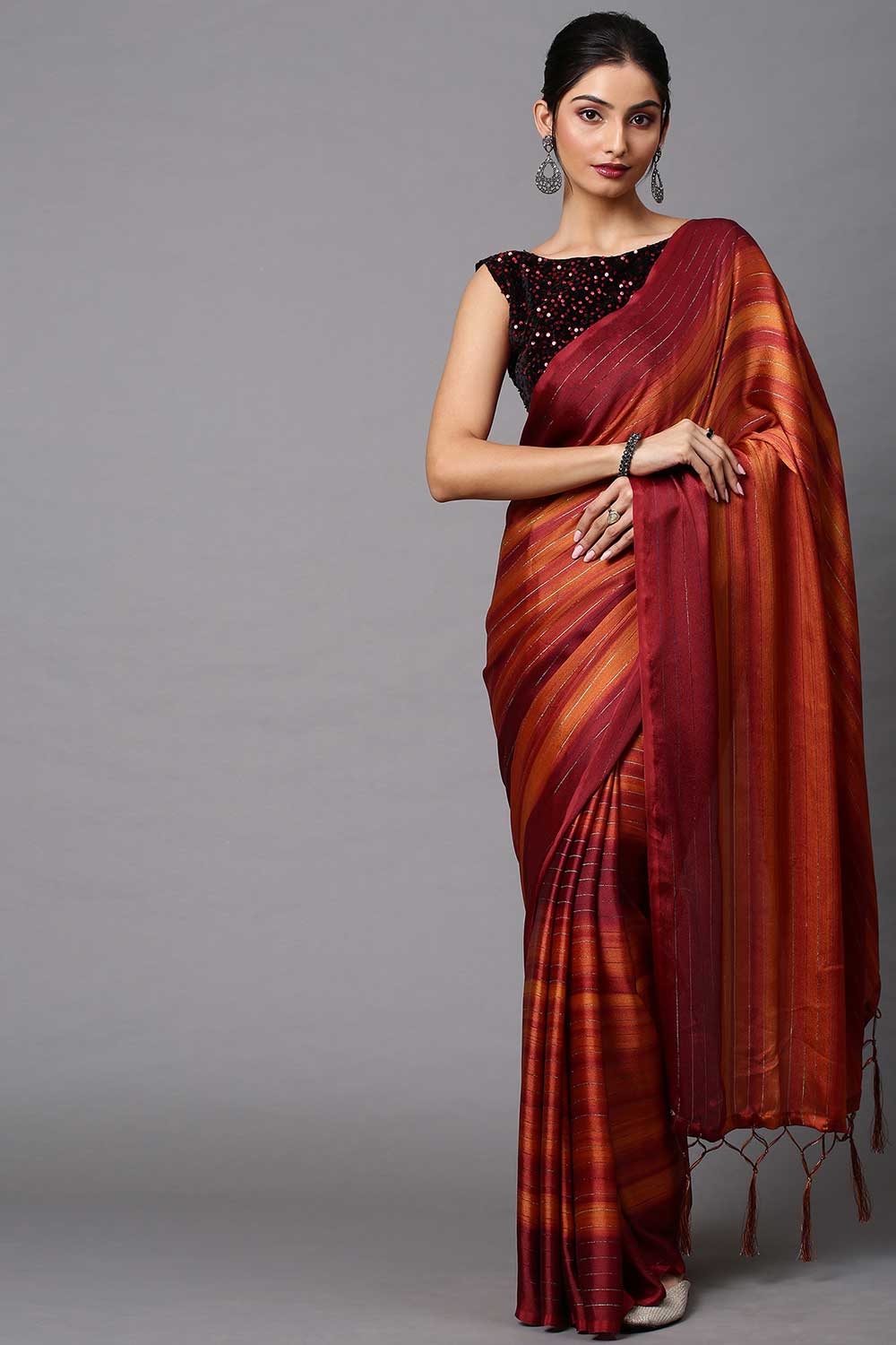 Lori Rust Striped Poly Georgette Ready To Wear Saree