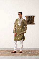 Olive Silk Embroidered Kurta Pajama Set