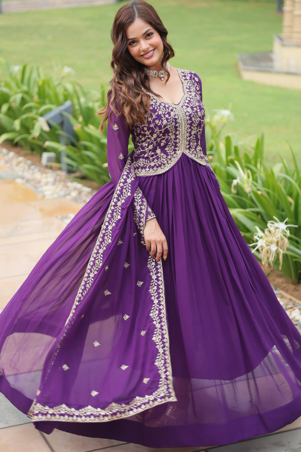 Purple Solid Embroidered Georgette Gown