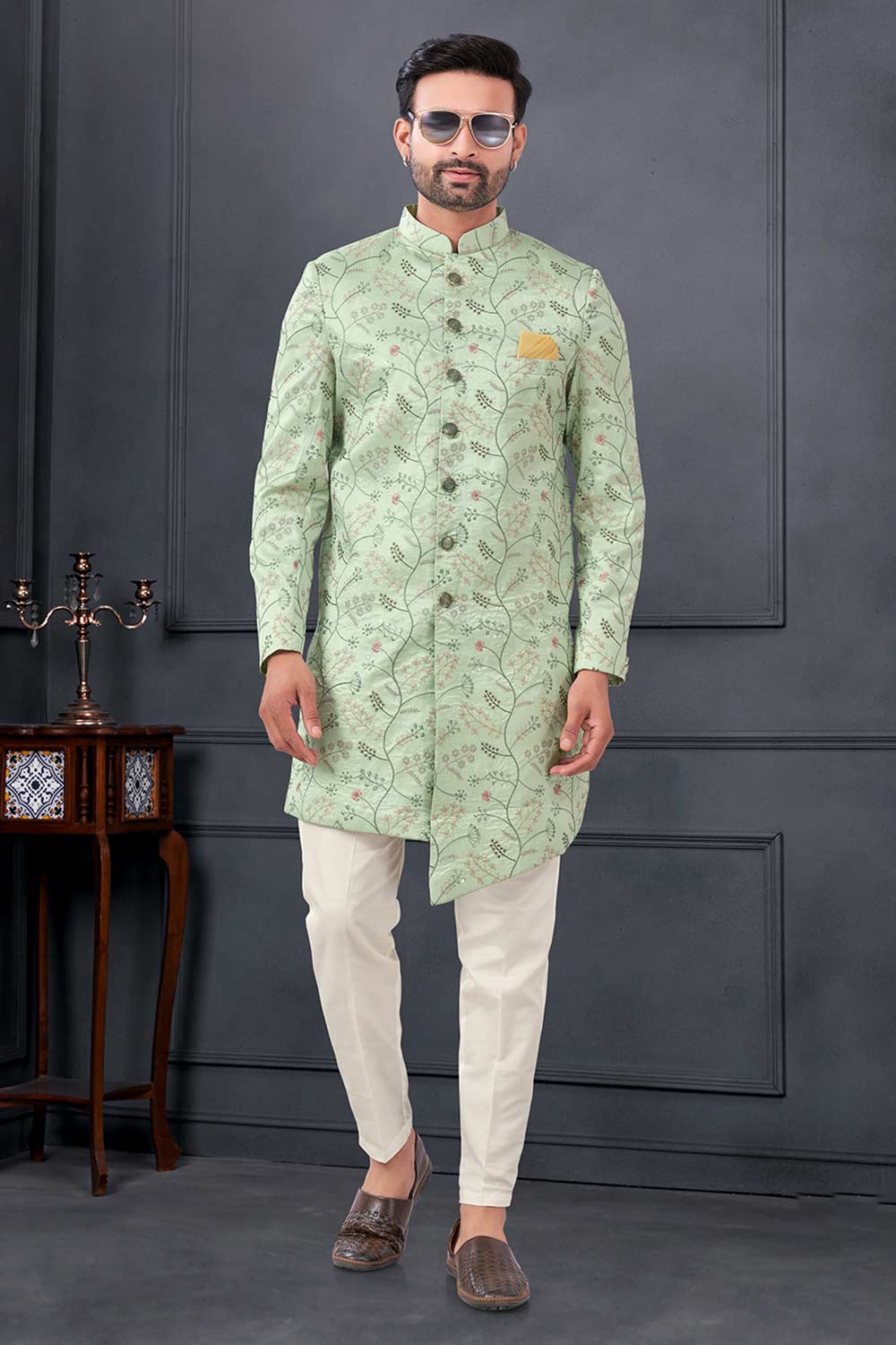 Light Green Silk Embroidered Kurta Pajama Set