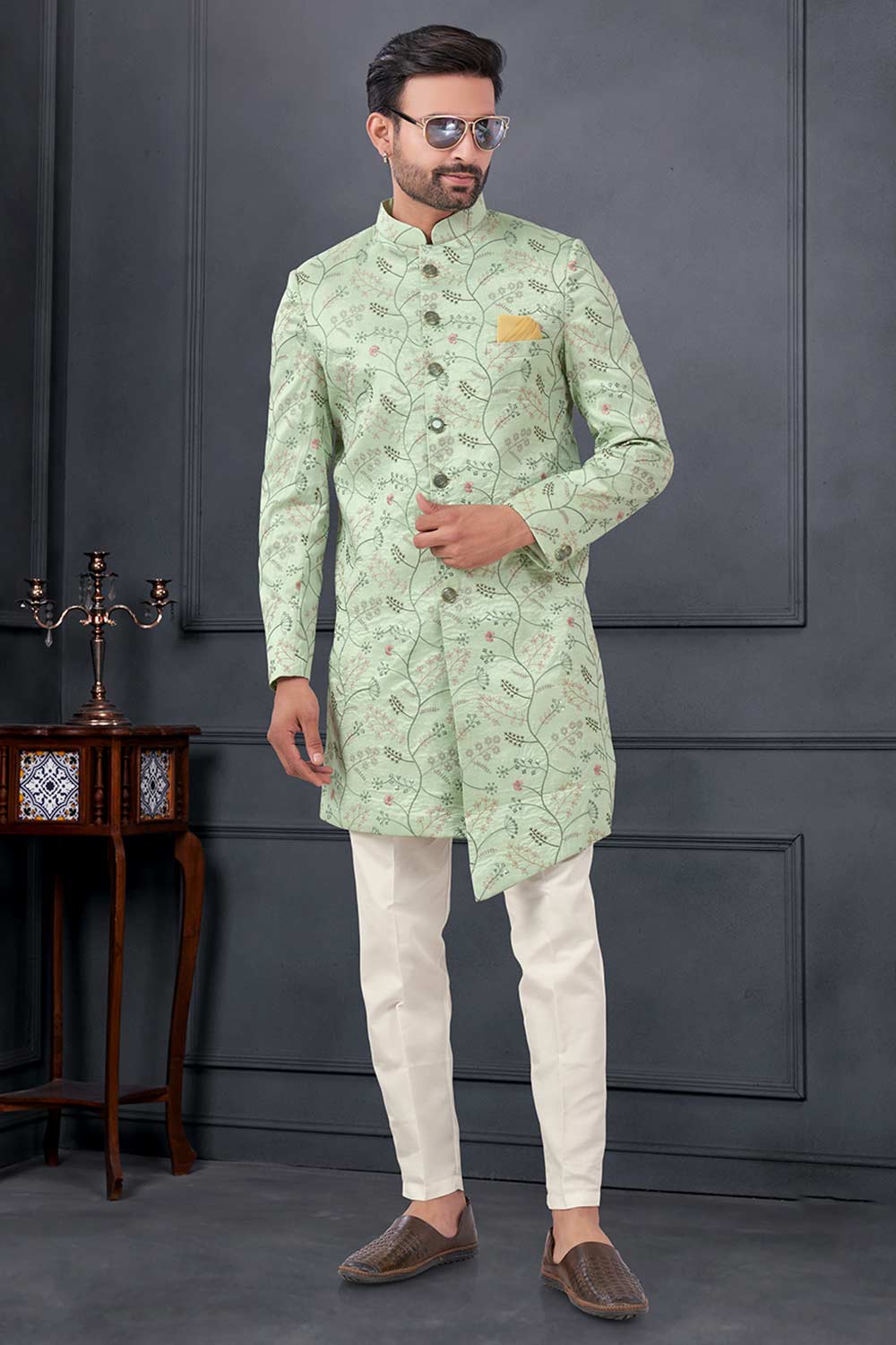 Light Green Silk Embroidered Kurta Pajama Set