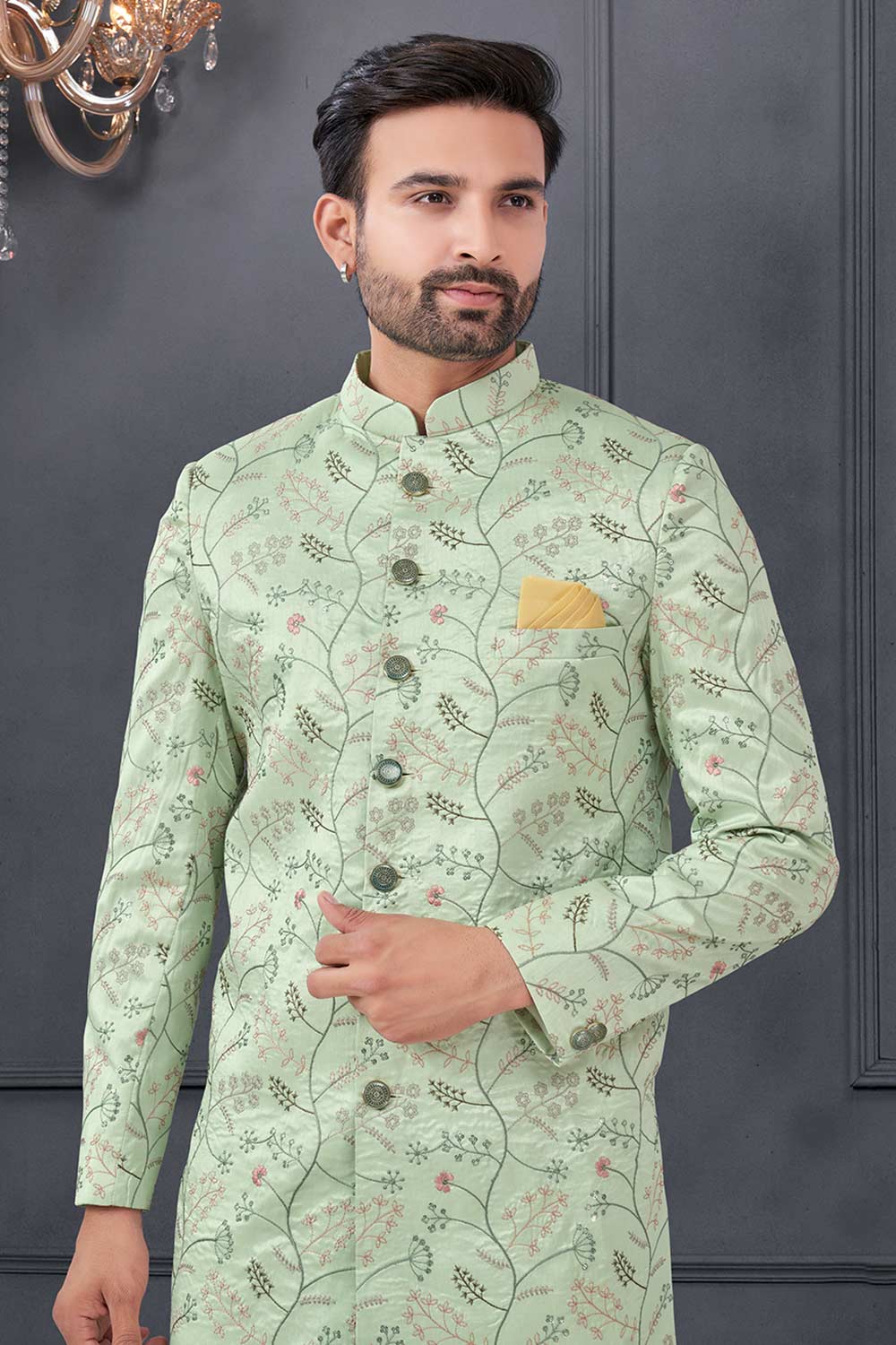 Light Green Silk Embroidered Kurta Pajama Set