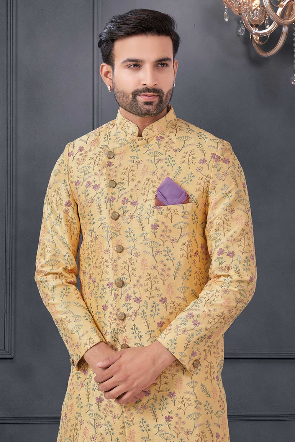 Yellow Silk Embroidered Kurta Pajama Set