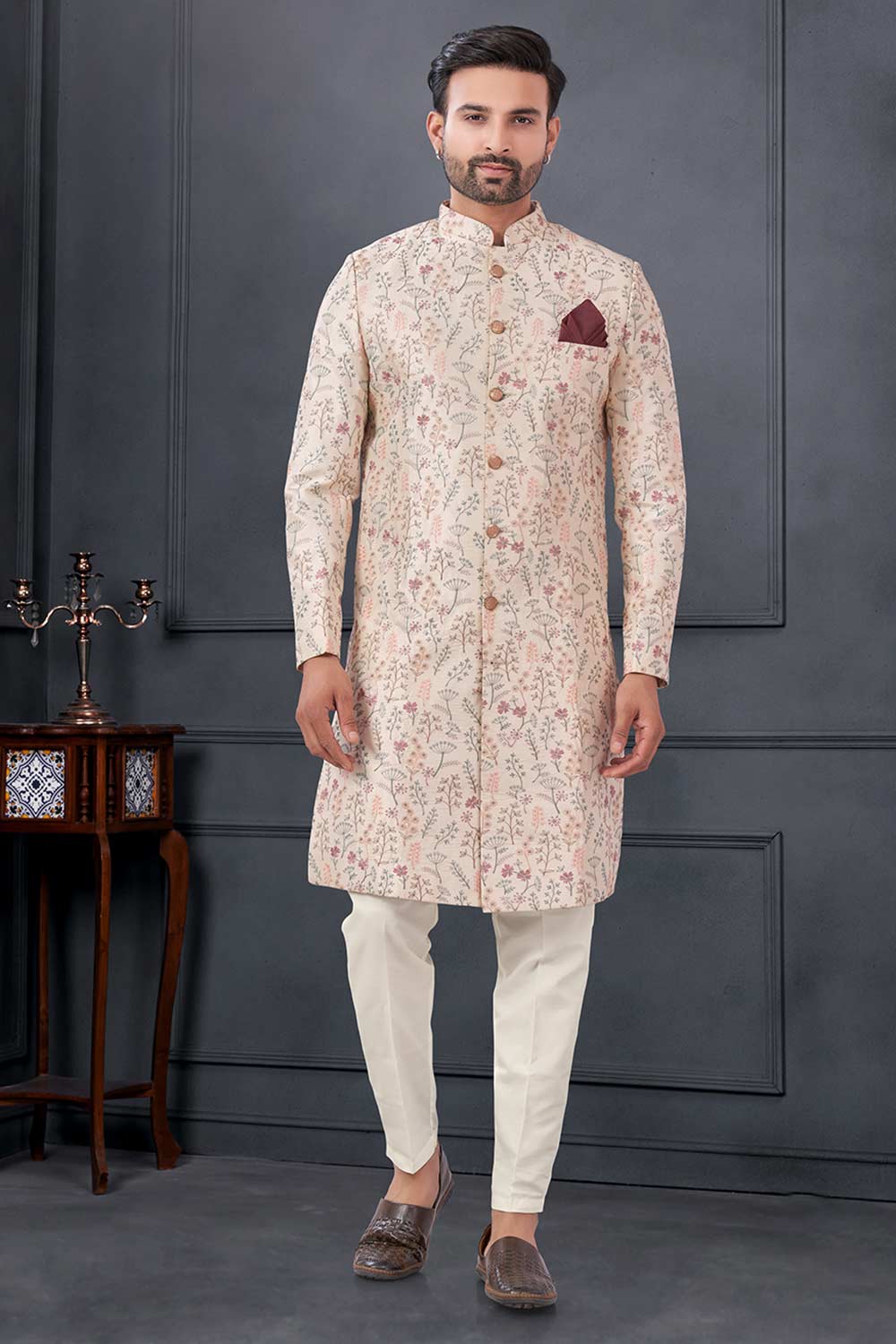 Peach Silk Embroidered Kurta Pajama Set