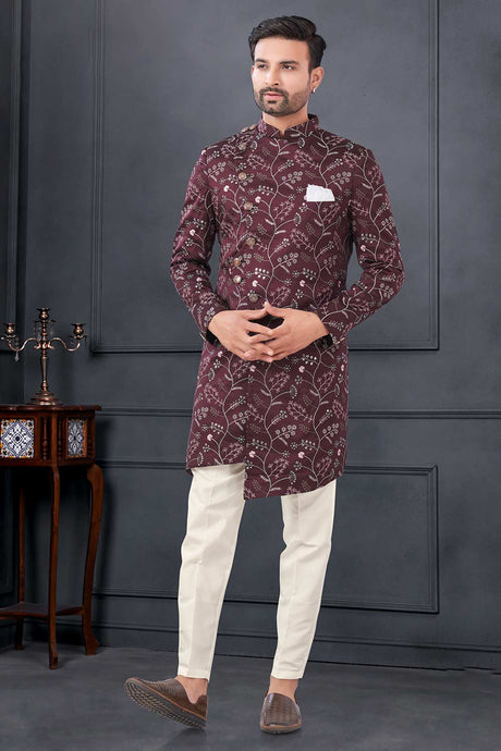 Maroon Silk Embroidered Kurta Pajama Set