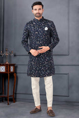 Navy Blue Silk Embroidered Kurta Pajama Set