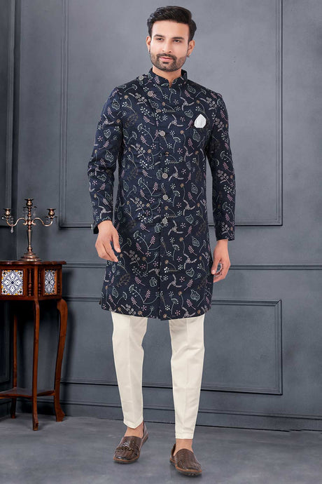 Navy Blue Silk Embroidered Kurta Pajama Set