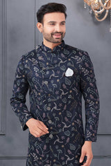 Navy Blue Silk Embroidered Kurta Pajama Set