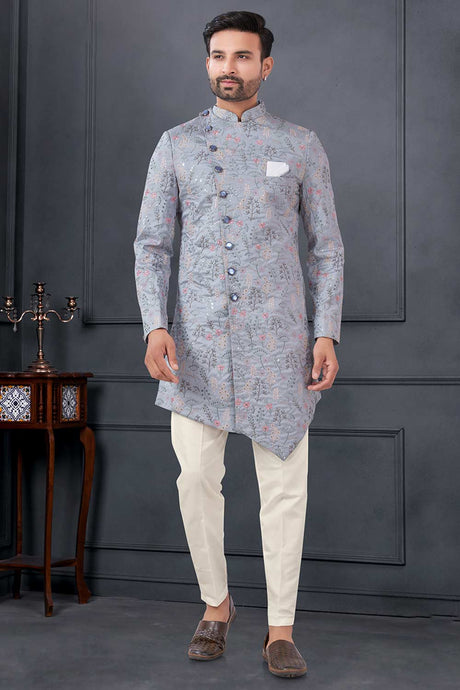 Grey Silk Embroidered Kurta Pajama Set