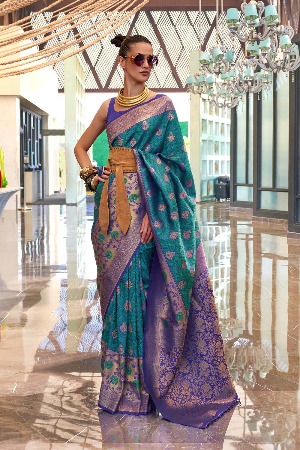 Kalkaa Turquoise Silk Woven Saree