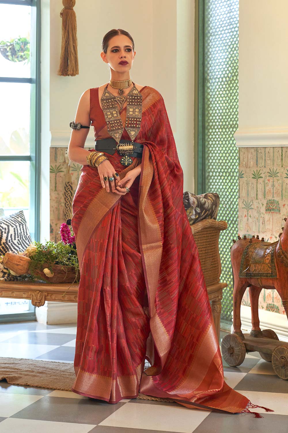 Kalki Red Organza Woven Saree