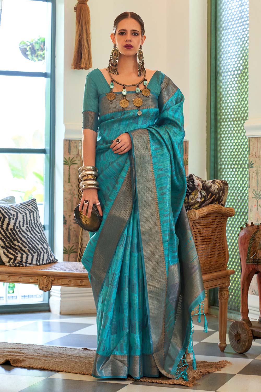 Kalki Blue Organza Woven Saree