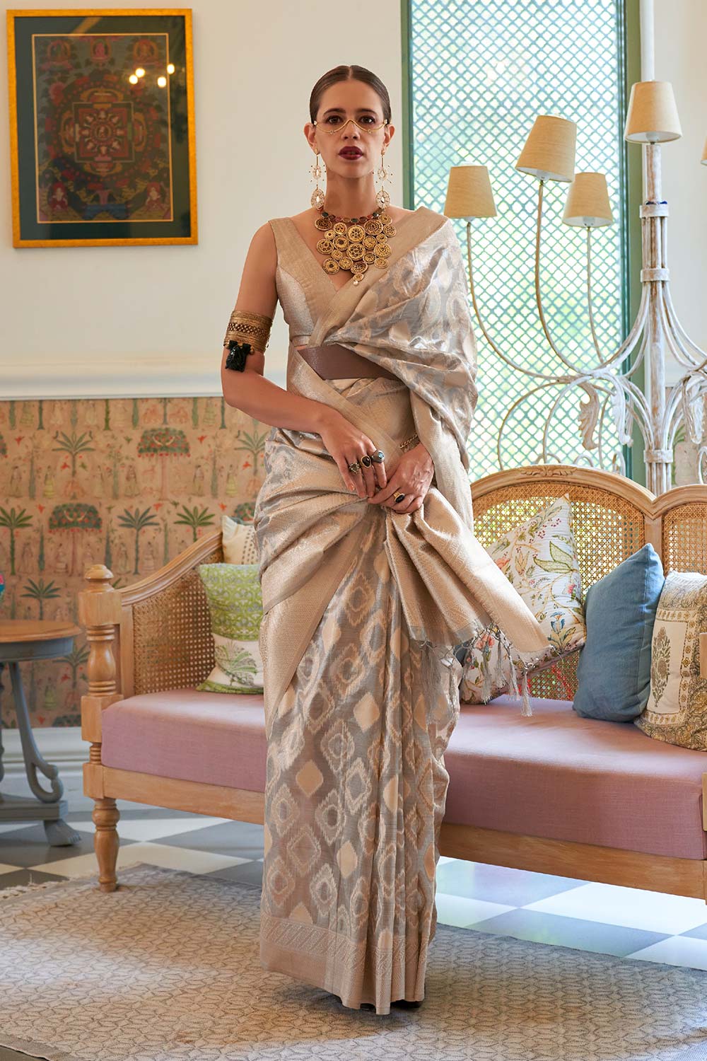 Kalki Beige Tissue Woven Saree