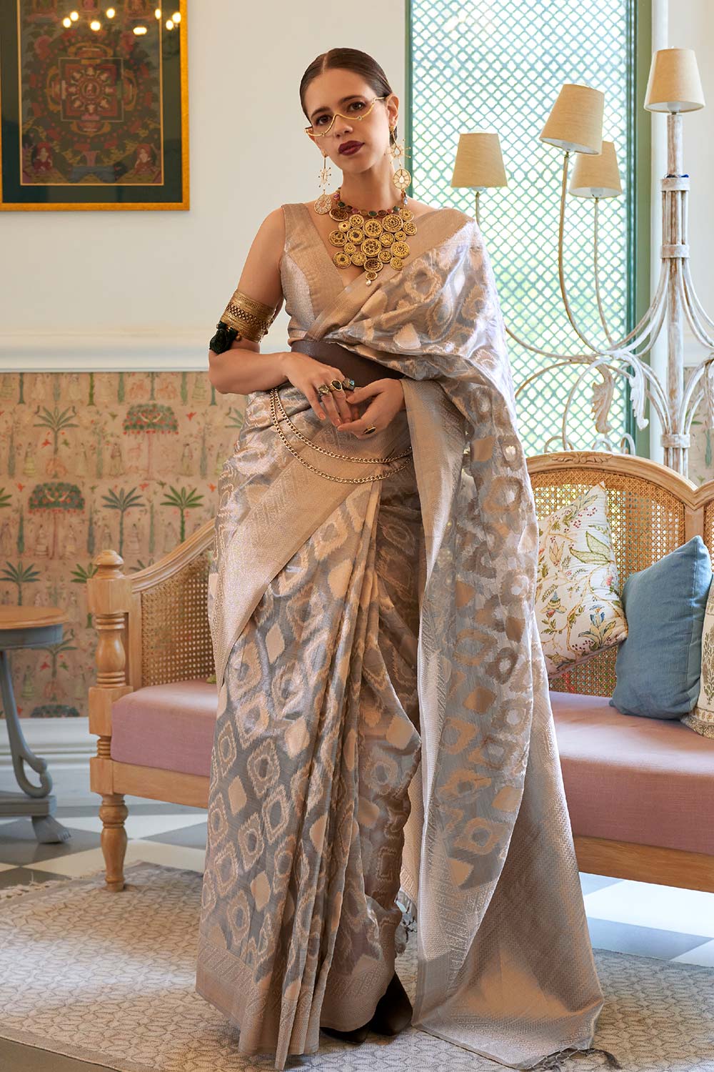 Kalki Beige Tissue Woven Saree