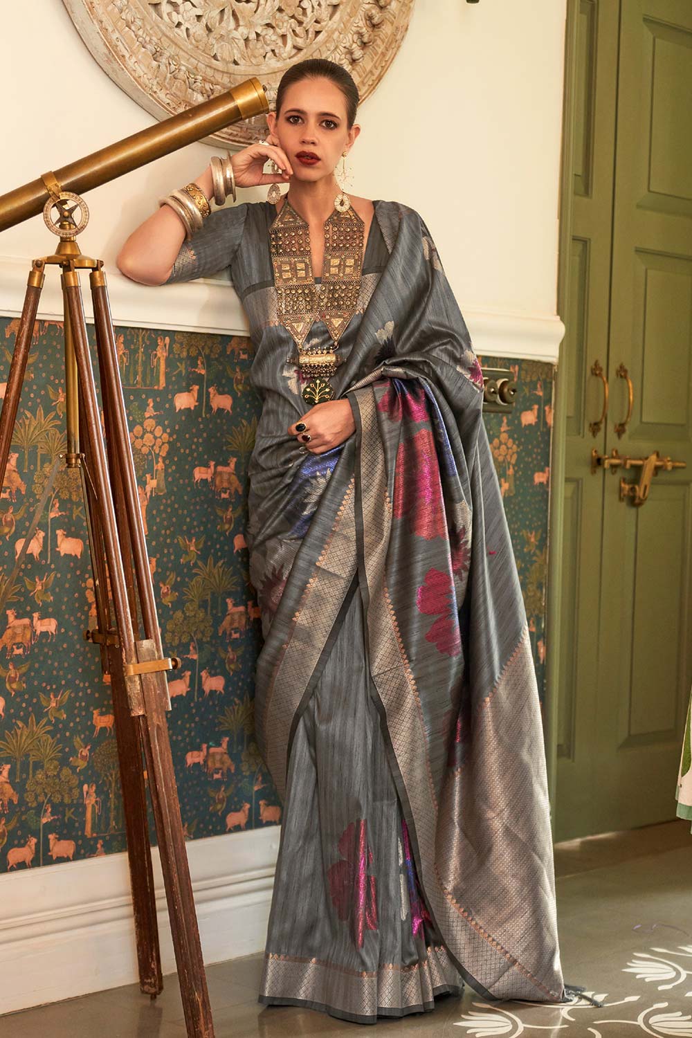 Kalki Grey Silk Woven Saree