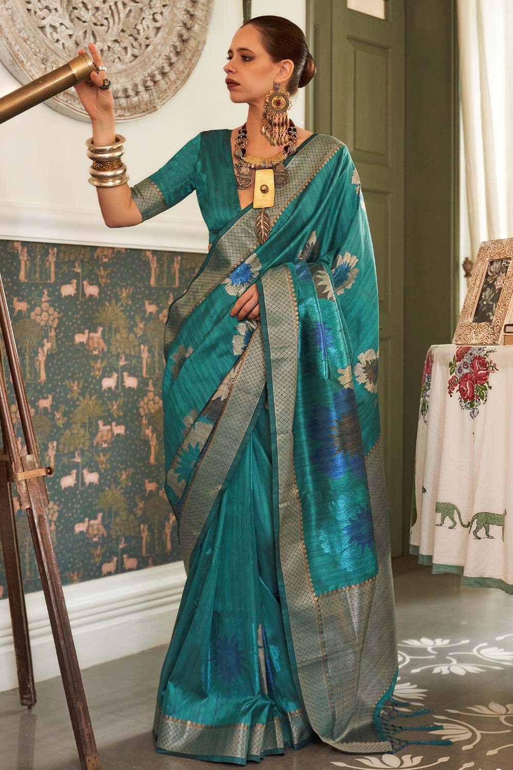 Kalki Blue Silk Woven Saree