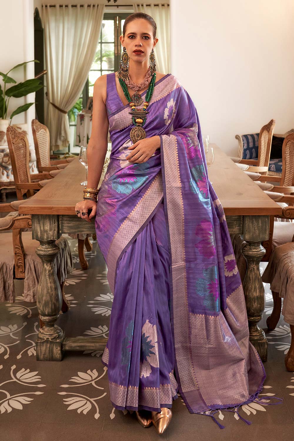 Kalki Violet Silk Woven Saree