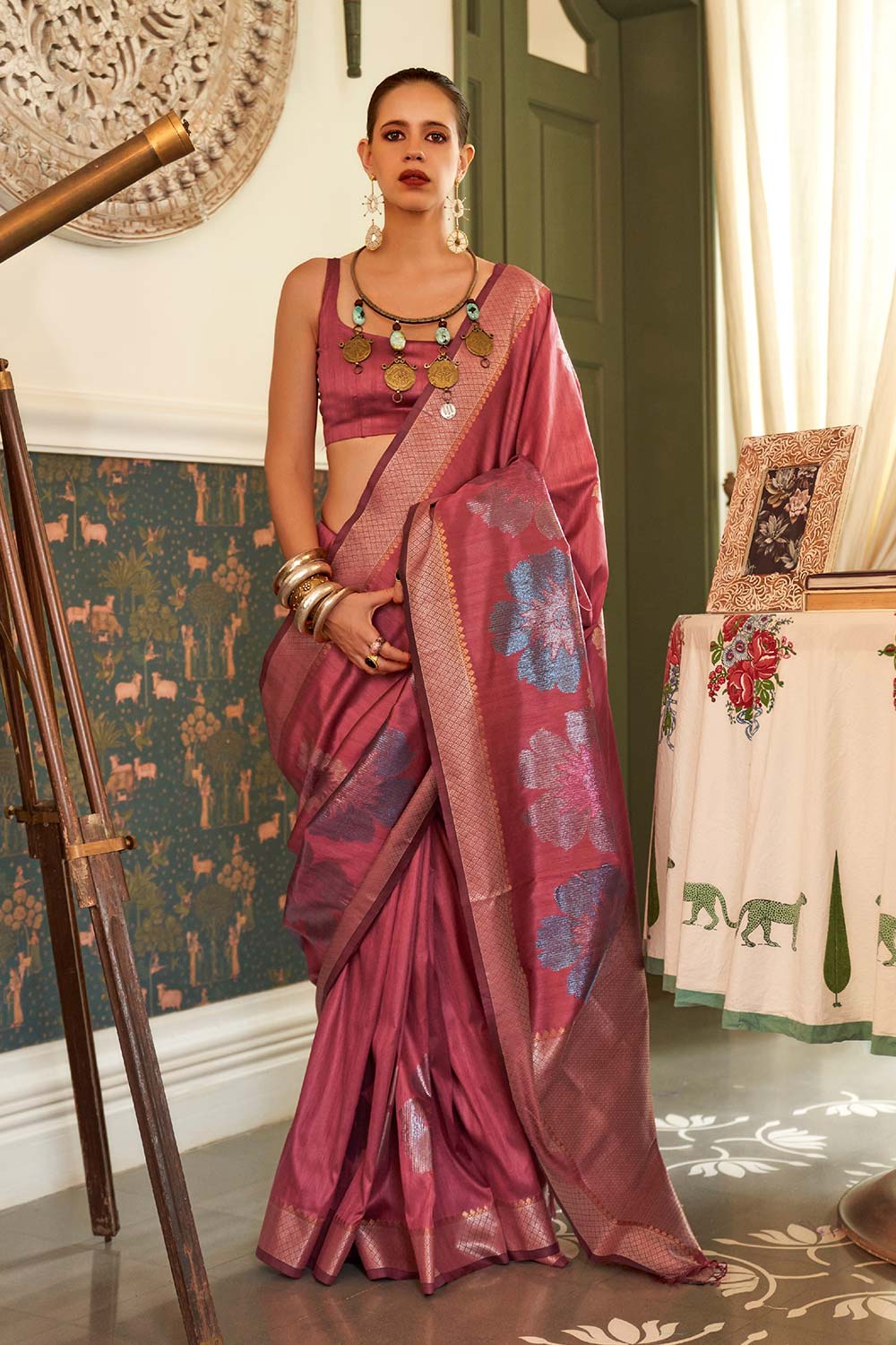 Kalki Maroon Silk Woven Saree