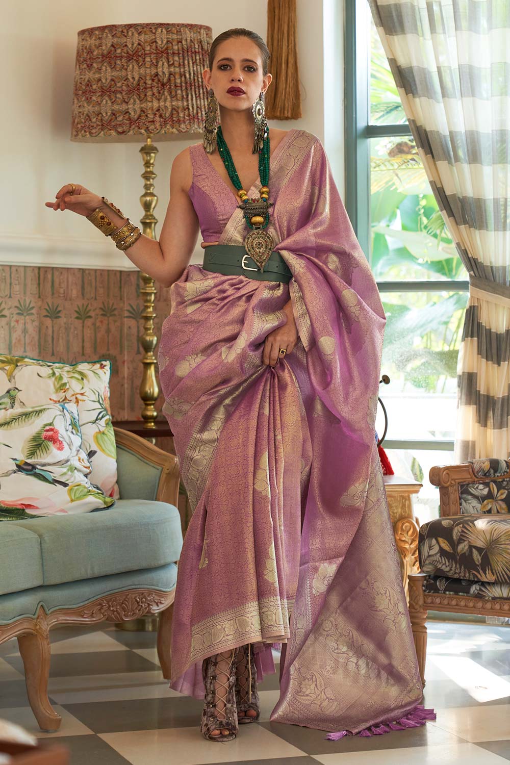 Kalki Purple Silk Woven Saree