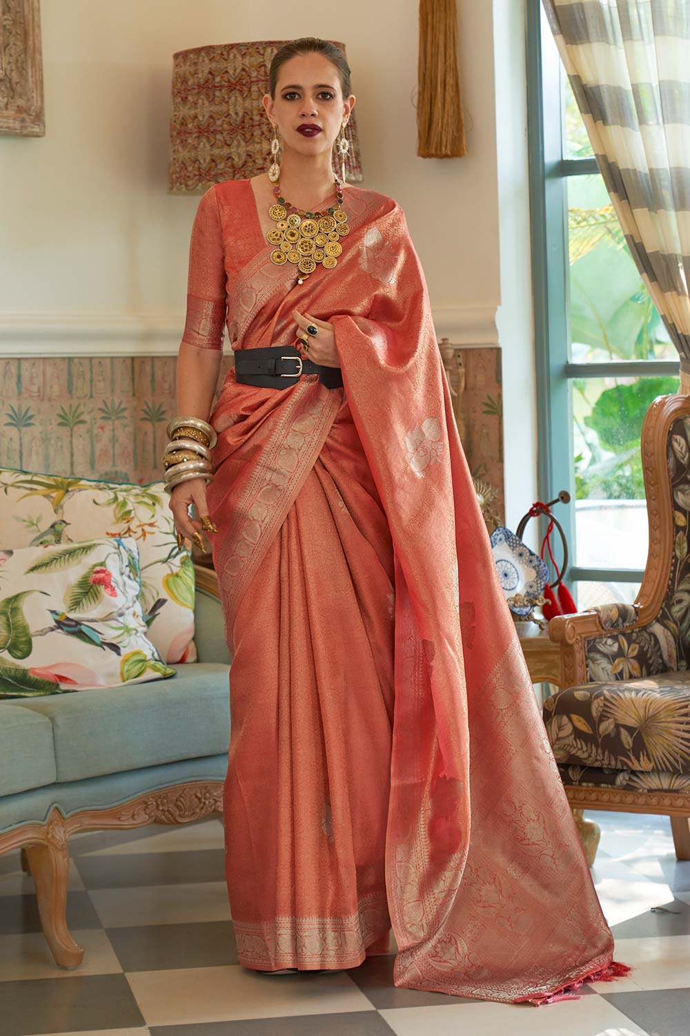 Kalki Orange Satin Woven Saree