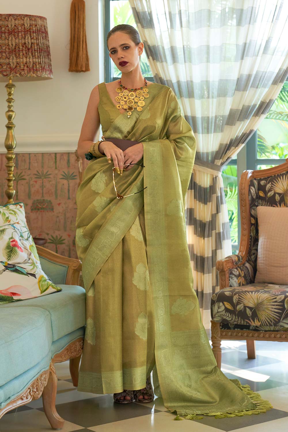 Kalki Green Satin Woven Saree