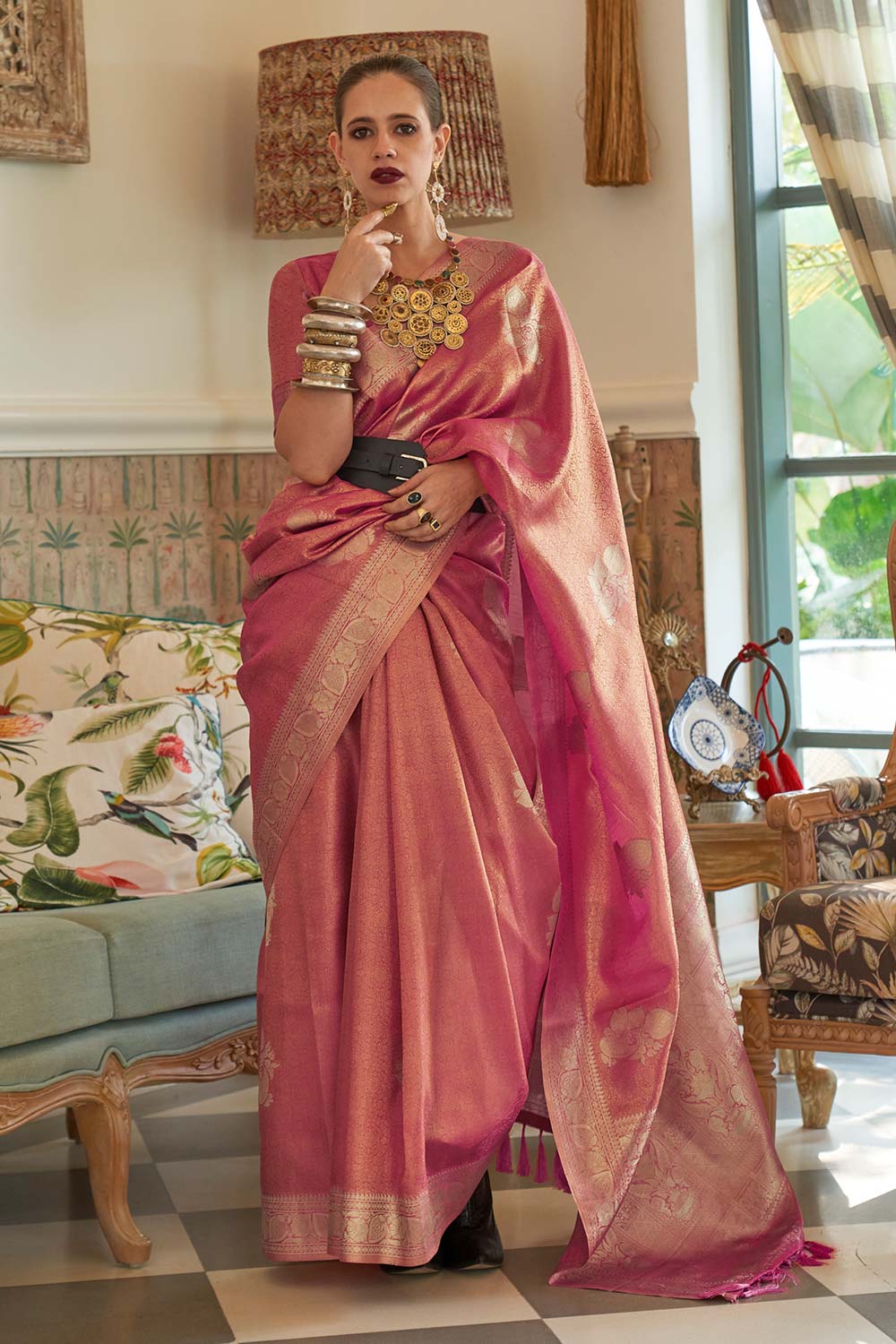 Kalki Pink Satin Woven Saree