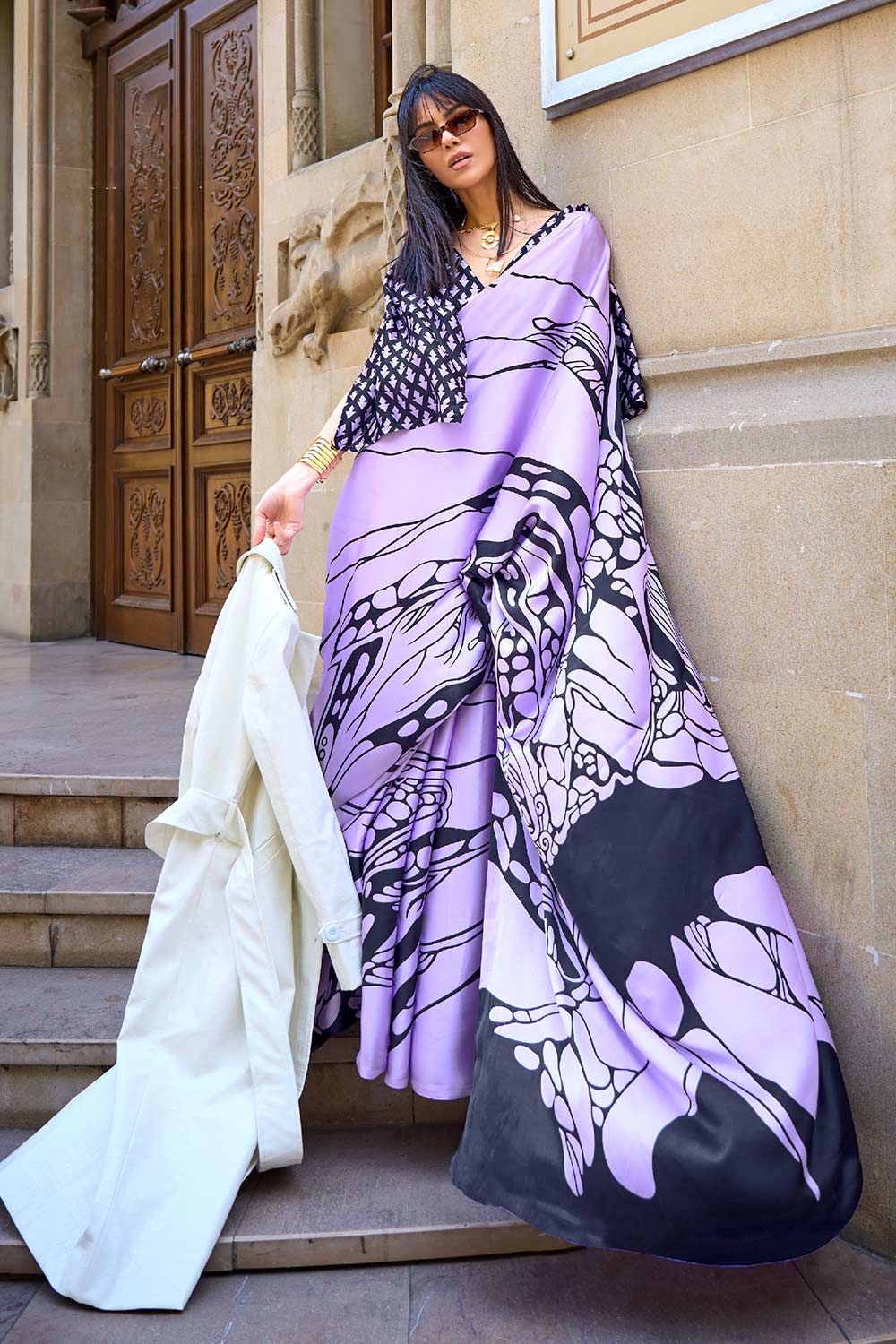 Lorna Lavender Printed Satin Crepe Ready To Wear Saree