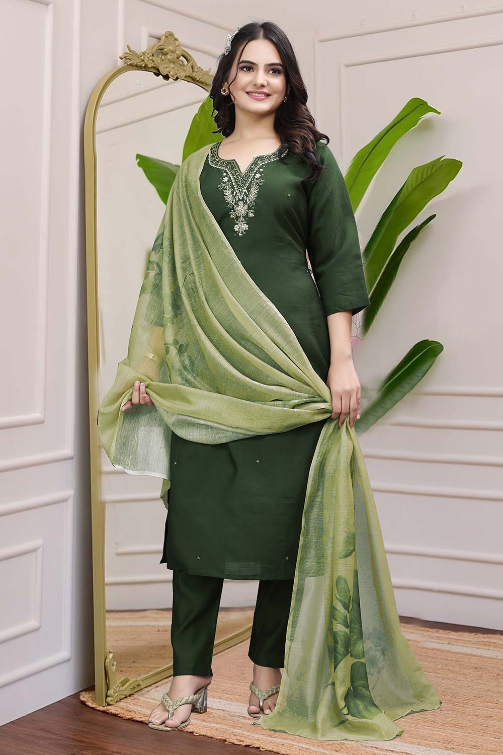 Green Solid Embroidered Silk Kurta with Pant