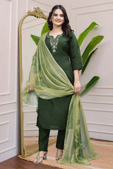 Green Solid Embroidered Silk Kurta with Pant