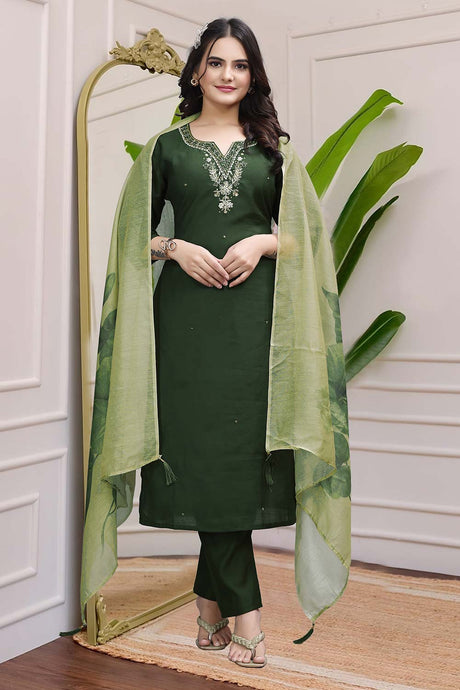 Green Solid Embroidered Silk Kurta with Pant