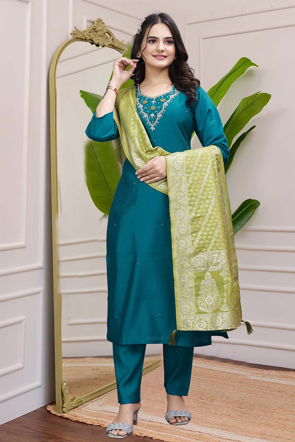 Blue Solid Embroidered Silk Kurta with Pant